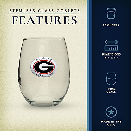 Heritage Pewter Georgia Bulldogs Stemless Glass Goblets – Set of 2 | 15 OZ Goblet Wine Glasses | Expertly Crafted Pewter Glass - style: GEORGIA G, RED