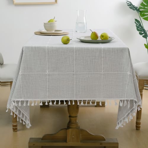 Softalker Outdoor Linen Tablecloth Square, Waterproof Cotton Boho Farmhouse Table Cloths with Tassel, Heavy Weight Wrinkle Free Table Cover for Picnic Camping Dining - 55 x 55 Inch, Grey Plaid - color: Grey Plaids, size: 55" x 55" (Square)