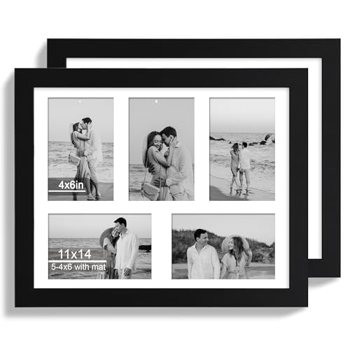 Hongkee 11x14 Picture Frame Set of 2, Black Wood Frame with Real Glass Collage Picture Frames, Display Pictures Five 4x6 With Mat or 11 x 14 Without Mat, Photo Frames Wall Gallery - color: Black, size: 11x14 in matted to 5-4x6