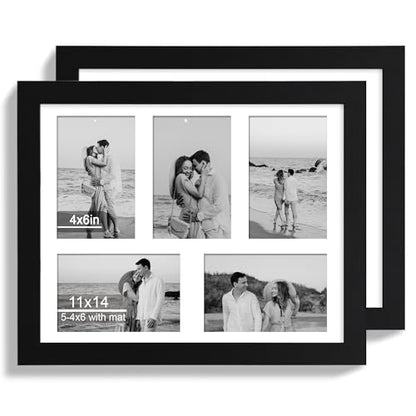 Hongkee 11x14 Picture Frame Set of 2, Black Wood Frame with Real Glass Collage Picture Frames, Display Pictures Five 4x6 With Mat or 11 x 14 Without Mat, Photo Frames Wall Gallery - color: Black, size: 11x14 in matted to 5-4x6