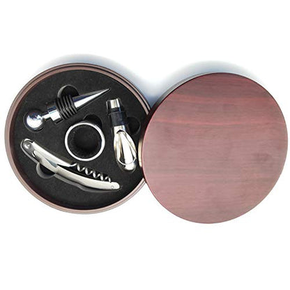 Premium Wine Tool Set with Stainless Steel Bottle Opener, Corkscrew, and Accessories in Elegant Circular Wood Case