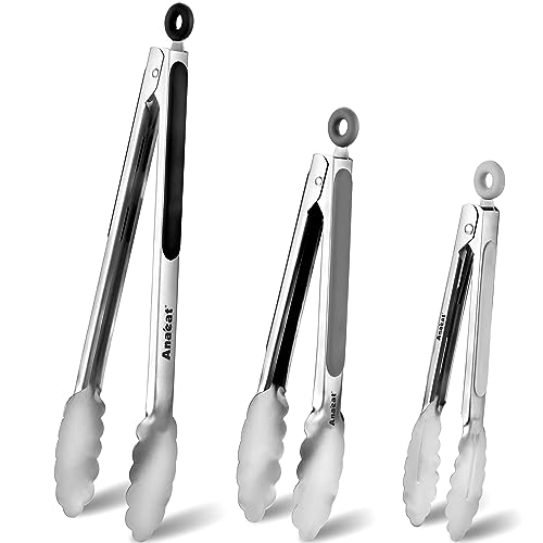 Anaeat Stainless Steel Locking Tong Set of 3 - Premium 7, 9 and 12 inch Kitchen Food Tongs with Non-Slip Silicone Tips and Grip for Serving, Cooking, Baking and BBQ - Heavy Duty & Heat Resistant - color: 3 Pcs Stainless Steel - Grey, Black, White, size: 7