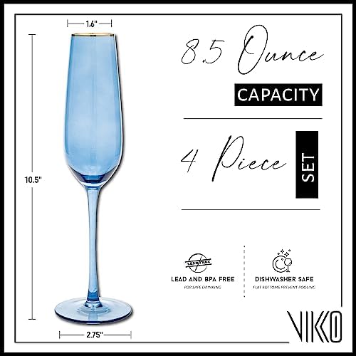 Vikko Champagne Flutes, 8.5 Ounce Toasting Champagne Flute, Blue with Gold Rim Crystal Clear Champagne Glasses, Set of 4 Elegant Sparkling Wine Glasses