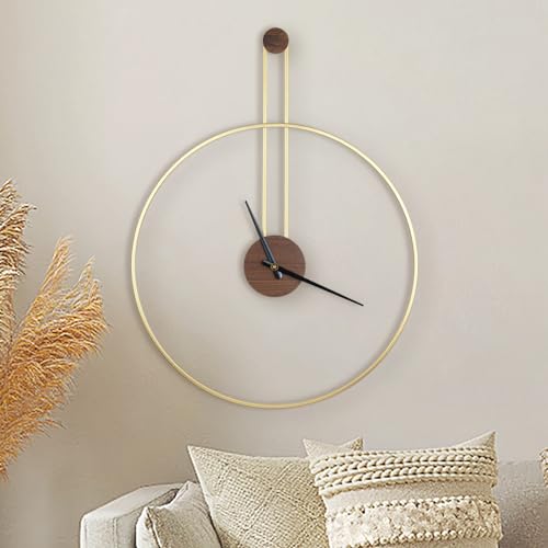 DRELIFAM Modern Wall Clock, Large 21.7''×28.7'', Walnut Dial, Silent Non-Ticking Metal Clock for Home Decor, Gold - color: Gold, size: Large