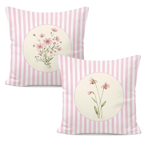 Vintage Pink Floral Pillow Covers 18x18, Cottagecore Pink Striped Botanical Flower Decorative Throw Pillow Covers for Home Bedroom Living Room Sofa Couch, Set of 2 - color: White-vintage Pink Floral