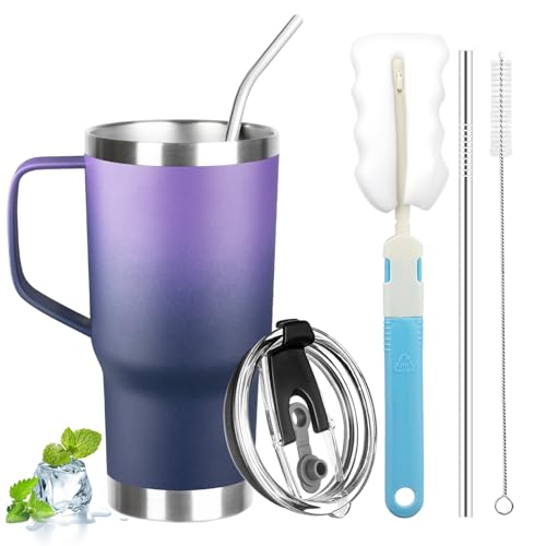 20 oz Tumbler with Handle, Stainless Steel Insulated Tumbler with Lid and Straw, Double Wall Vacuum Coffee Mug Tumbler, Insulated Coffee Thermal Cup for Cold and Hot (Purple Navy blue, 20, ounces) - color: Purple Navy blue, size: 20 Ounces