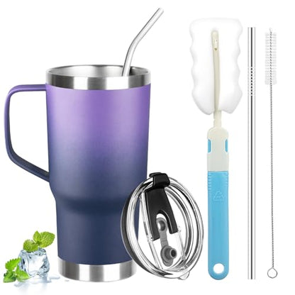 20 oz Tumbler with Handle, Stainless Steel Insulated Tumbler with Lid and Straw, Double Wall Vacuum Coffee Mug Tumbler, Insulated Coffee Thermal Cup for Cold and Hot (Purple Navy blue, 20, ounces) - color: Purple Navy blue, size: 20 Ounces
