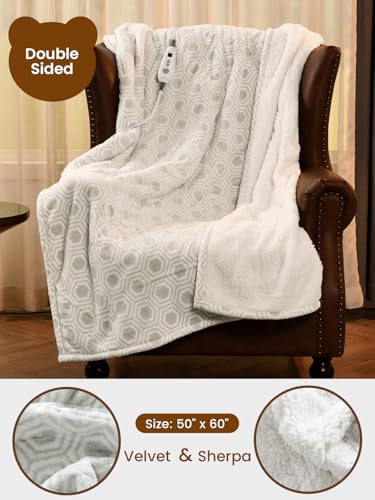 Bearhug Electric Blanket Throw Size, 50" x 60" Heated Blanket with 6 Heating Levels & 4H Auto Shut-Off, Machine Washable Soft Velvet to Sherpa Reversible Heated Throw for Office, Couch and Sofa - color: Snow Gray Honeycomb, size: Throw 50" × 60"