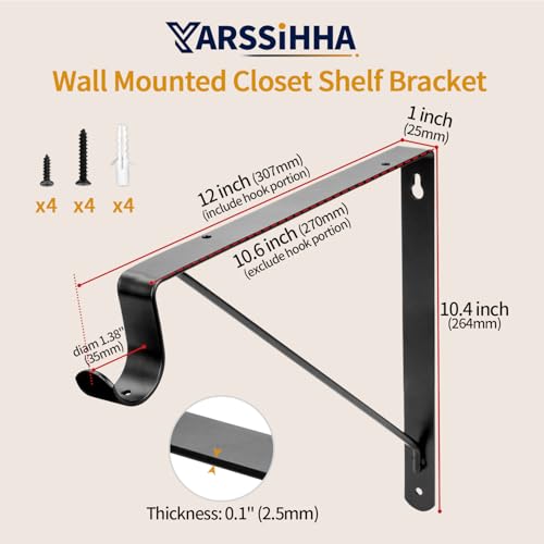 Yarssihha 2 Pack Closet Rod Bracket, 12 x 10.4 Inch Wall Mounted Closet Shelf Bracket, Black Closet Rod Support Bracket with Screws - style: Black-2 pack