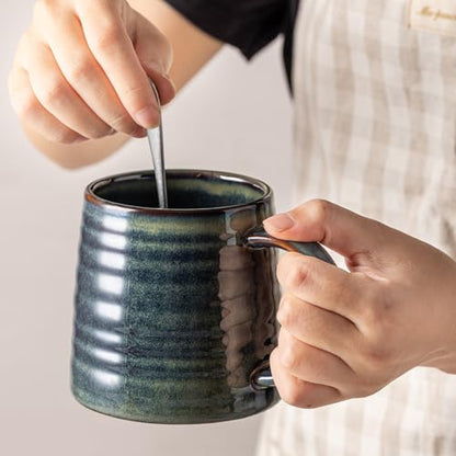 15.5oz Large Heavyweight Ceramic Mug, Reactive (Dark Green) | 15.5oz Medium-Large, Heavy Weighted Stoneware, Reactive Transmutation Glaze, Microwave & Dishwasher Safe, Gift Box - color: Dark Green