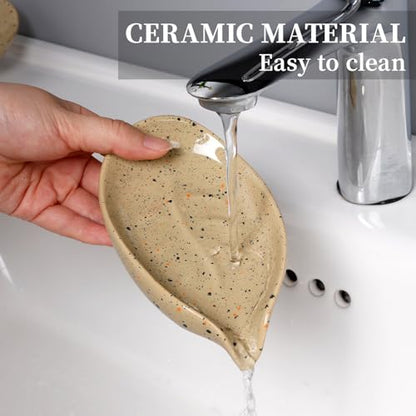 Soap Holder, Self Draining Soap Dish, Leaf Shape Bar Soap Holder Ceramic Drain Soap Dishes for Bathroom Sink Shower Kitchen, Easy to Clean Keeps Soap Dry, ANTIS'S HOME - color: Lightcurry-1pcs-enhanced Draining