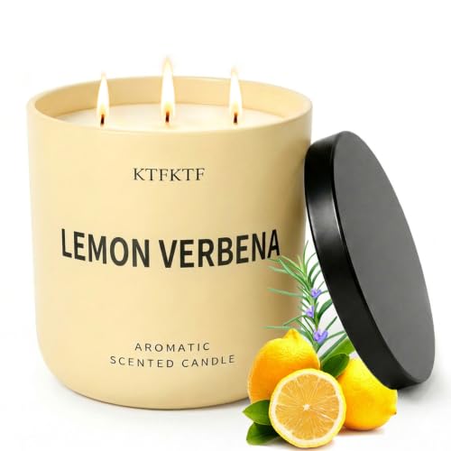 Lemon Verbena Candle, 14.1oz Large 3-Wick Soy Wax Candle, Up to 80 Hours Burn Time, Non-Toxic Aromatherapy Jar Candle with Essential Oils, Citrus Scented Candle for Home