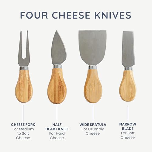 CUQOO Oak Wooden Cheese Board Set with 4 Knives Slide Out Drawer – Large Cheese Platter Cutting for Cracker and Meat | Wooden Serving Plate Tray | Unique Housewarming Gift for Christmas & Birthday