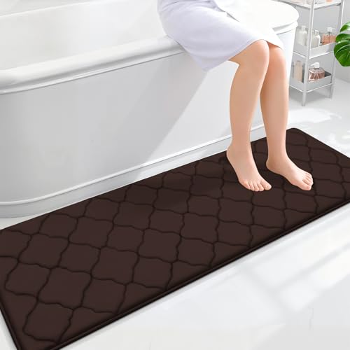 OLANLY Memory Foam Bath Mat Rug 59x20, Ultra Soft and Absorbent Bathroom Rugs, Non-Slip, Comfortable, Machine Washable Bath Carpet for Bathroom Floor, Tub, Shower and Home Decor Accessories, Brown - color: Brown, size: 59" X 20"