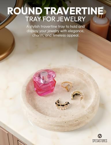 Marble Jewelry Dish, 5" Handmade Travertine Ring Tray | Handmade trinket holder for earrings, necklaces, keys & candles, Catchall for vanity, nightstand & gift for women - color: Travertine