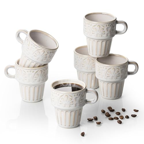 LYEOBOH Cappuccino Cups, Espresso Cups, Coffee Mugs Set of 6, Ceramic Cup, 6 OZ Beige Stackable Mug Set of 6, Easy To Clean Comfortable Handle for All Ages, Great for Party Dinner & Festival Gifts - color: Beige, size: 6 OZ-set of 6
