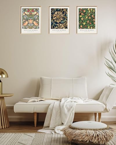 UPWOIGH William Morris Inspired Framed Prints, 12 x 16 Inch, Set of 3 | Strawberry Thief, Honeysuckle and Fruit Prints, Rich Blue and Gold Tones, Light Wood Frames for Bedroom and Gallery Wall - color: Morris Gold MDF
