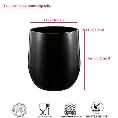 14-ounce Plastic Stemless Wine Glasses, All Purpose Arcylic Glasses, set of 6 Black Reusable Shatter-resistant Dishwasher Safe - color: Black