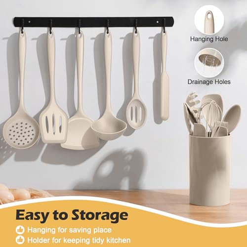 Homikit 15-Piece Kitchen Cooking Utensil Set, Silicone Utensils with Holder | Kitchen Gadgets Tools include Slotted Spatula Ladle Turner for Nonstick Cookware, Heat Resistant & Dishwasher Safe, Khaki