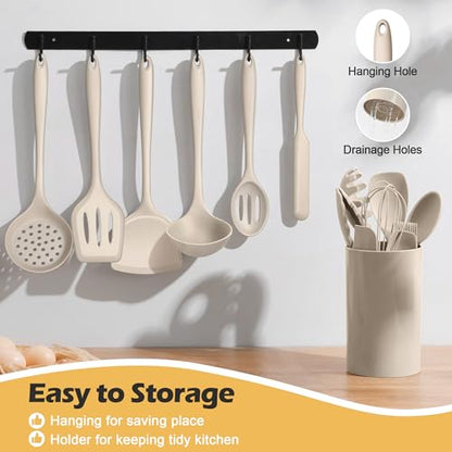 Homikit 15-Piece Kitchen Cooking Utensil Set, Silicone Utensils with Holder | Kitchen Gadgets Tools include Slotted Spatula Ladle Turner for Nonstick Cookware, Heat Resistant & Dishwasher Safe, Khaki