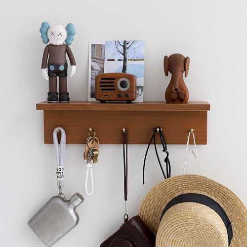 Marine Plywood Wall Mounted Coat Rack with Shelf & Key Hooks, 5 Brass Hooks Entryway Organizer, Modern Floating Shelf for Bedroom Hallway, Space-Saving Home Storage Rack (1, Teak Finish) - color: Teak Finish