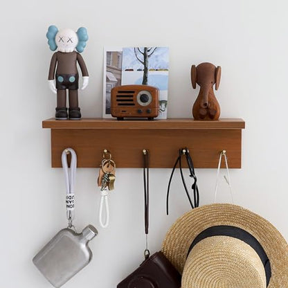 Marine Plywood Wall Mounted Coat Rack with Shelf & Key Hooks, 5 Brass Hooks Entryway Organizer, Modern Floating Shelf for Bedroom Hallway, Space-Saving Home Storage Rack (1, Teak Finish) - color: Teak Finish