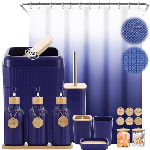XLHOMO 30PCS Navy Blue Bathroom Accessories Set with Waffle Shower Curtain,Trash Can,3PCS Lotion Soap Dispenser, Toothbrush Holder, Soap Dish,Tumbler Cup,6PCS Wood Tags Bath Accessories with Tray - size: Bath Set+Shower Curtain, style: Navy Blue