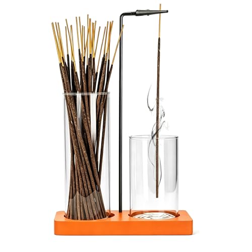 2 in 1 Incense Holder for Sticks Incense Burner Holder with Storage,Glass Upside Down Incense Holder for Sticks with Glass Ash Catcher for Meditation Yoga Spa Room Home Decor[Orange] - color: Orange, size: 1 tall 1 short glass