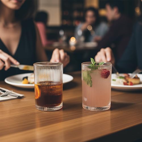 Set of 6 Large capacity Ribbed Glassware, 17oz Vintage Clear Glass Tumbler, Origami Style, Fluted Design, Ideal for Water, Iced Coffee, Mixed Drinkware, Tea, Latte, Housewarming Gift