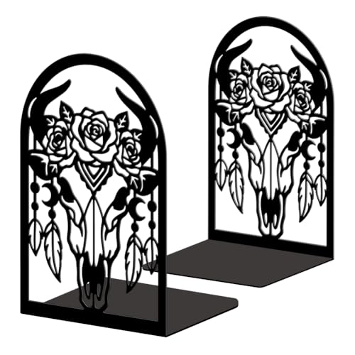 5.3"x4.3"x7.9" Metal Bookends, Heavy Duty Book Ends for Shelves | Bohemia Bull Skull Theme Cast Iron Book Supports, 1 Pair Decor Stoppers for Desk, Library, Office & Home Shelves - style: Bohemia Bull Skull with Feathers