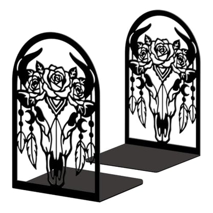 5.3"x4.3"x7.9" Metal Bookends, Heavy Duty Book Ends for Shelves | Bohemia Bull Skull Theme Cast Iron Book Supports, 1 Pair Decor Stoppers for Desk, Library, Office & Home Shelves - style: Bohemia Bull Skull with Feathers