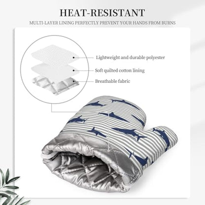 Sharks Oven Mitts and Pot Holders Sets Silicone Blue Shark Grey Stripes Kitchen Oven Mitts Hot Pads Heat Resistant Potholders Kitchen Mitts Set for Baking BBQ Cooking - color: Blue Grey