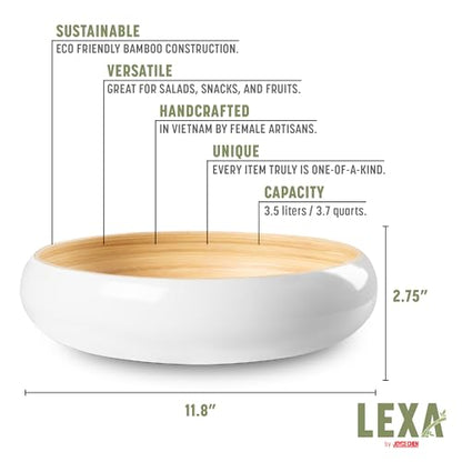 LEXA 12" Handmade White Bamboo Wooden Fruit Bowl for Kitchen Counter - 130 oz Lightweight Large Bamboo Wood Salad Bowl - color: Ceramic White