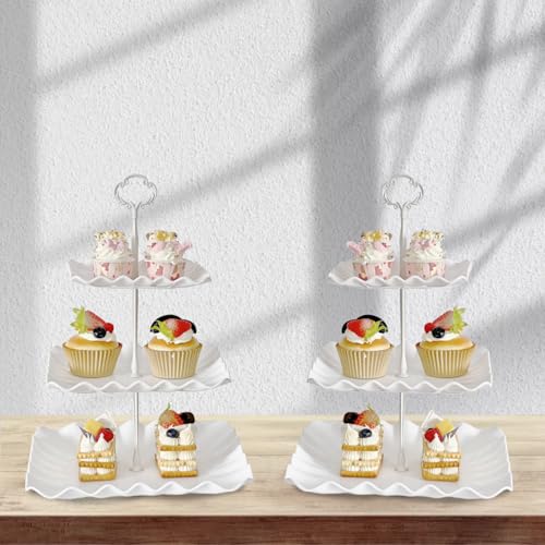 2 Pack of White Square Dessert Cupcake Stand, 3 Tiered Plastic Serving Tray | 3 Tier Cup Cake Holder Tower for Tea Party/Birthday/Wedding - color: White