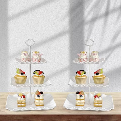 2 Pack of White Square Dessert Cupcake Stand, 3 Tiered Plastic Serving Tray | 3 Tier Cup Cake Holder Tower for Tea Party/Birthday/Wedding - color: White