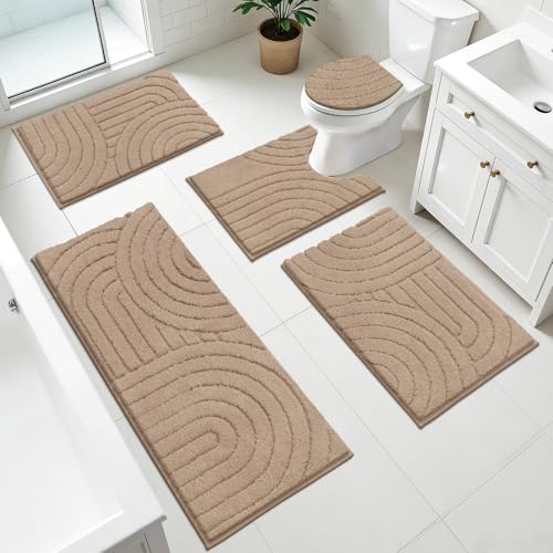 Pauwer Bathroom Rugs Sets 5 Piece, Absorbent Non Slip Bath Mat Set, Beige | Machine Washable, Microfiber Plush, Quick Dry Runner, U Shaped Contour Toilet Rugs, Shower Mats and Toilet Lid Cover - color: Beige