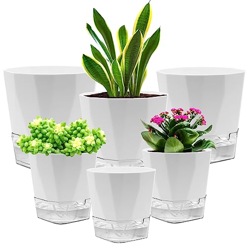 6 Pack Self Watering Plant Pot, 6.6/5 Inch Plastic Self Watering Pots for Indoor Outdoor Plants African Violet Pots Easy Plant Self Watering Pot with Wick Rope for Plants Flowers
