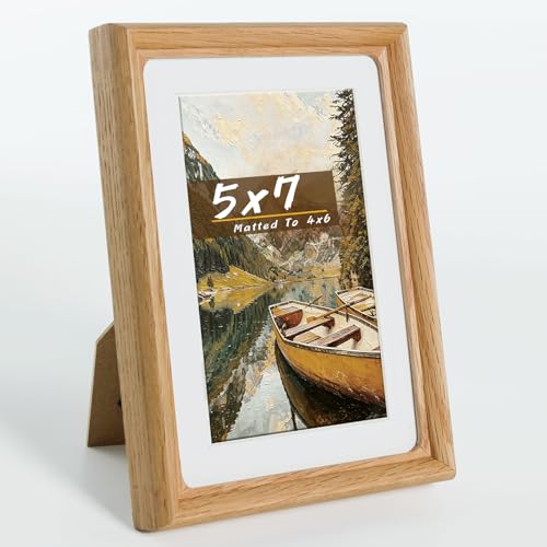 Handmade Solid Oak Wood 5x7 Picture Frame with Real Glass, Photo Frame with Mat Fits 4x6 Photo, Tabletop & Wall Mount Display for Home Decor & Festival Gift - color: Oak, size: 5×7