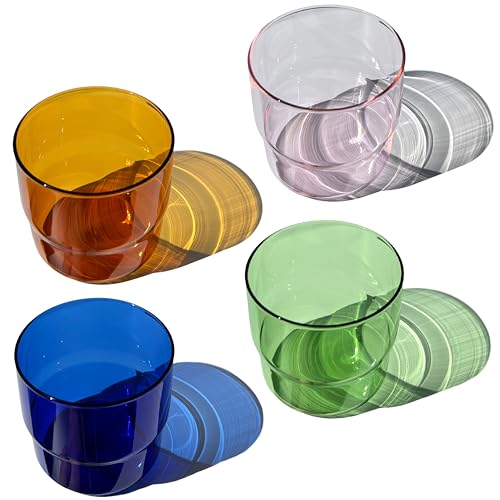Set of 4 Colored Glass Cups (10oz) - Retro/Vintage Stackable Glassware - Juice, Coffee, Water, Cocktail Drinking Glasses/Cup/Tumbler (Green, Amber, Blue, Pink)