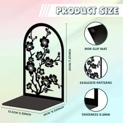 5.3"x4.3"x7.9" Metal Bookends, Heavy Duty Book Ends for Shelves | Plum Blossom Branches Theme Cast Iron Book Supports, 1 Pair Decor Stoppers for Desk, Library, Office & Home Shelves - style: Plum Blossom Branches