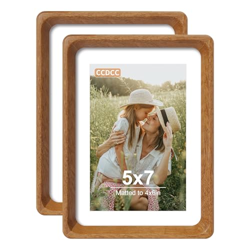 5x7 Picture Frame Set of 2, Natural Teak Wood Solid Wood 5 by 7 Photo Frames with 4x6 Mat with Real Glass for Wall and Tabletop Display - color: Natural Teak, size: 5x7-2Pack