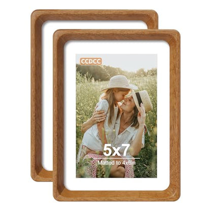 5x7 Picture Frame Set of 2, Natural Teak Wood Solid Wood 5 by 7 Photo Frames with 4x6 Mat with Real Glass for Wall and Tabletop Display - color: Natural Teak, size: 5x7-2Pack