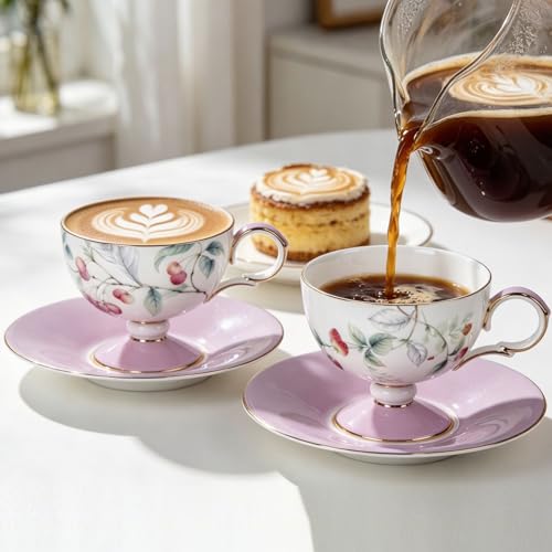 KAMMAK Tea Cups Set of 2,Ceramic Floral Pattern Demitasse Cup | Porcelain Espresso Cup with Saucer, 6.76 oz Handmade Elegant Bone China Tea Cups for Latte, Americano, Cappuccino - color: Cherry & Strawberry