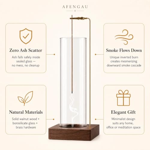 Wooden Aromatherapy Incense Holder – Upside Down Hanging Rack with 1L Ash Catcher for Home Office or Yoga Space Décor & Meditation (Glass Height 17cm)