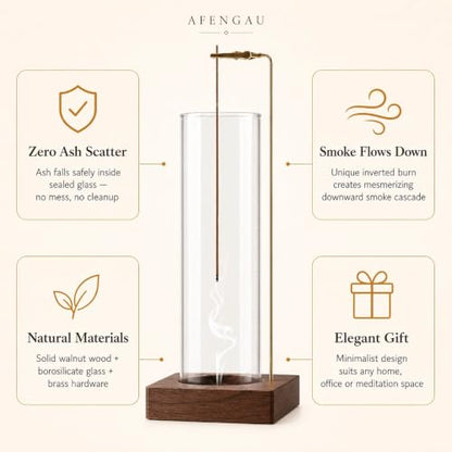 Wooden Aromatherapy Incense Holder – Upside Down Hanging Rack with 1L Ash Catcher for Home Office or Yoga Space Décor & Meditation (Glass Height 17cm)