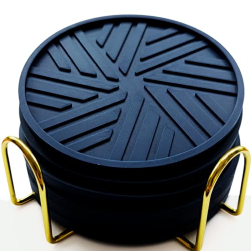 Navy Blue Coasters Set of 6 - Non-Slip Table Coasters for Drinks with Groove Patterns & Gold Holder 4", 0.23" - color: Navy Blue
