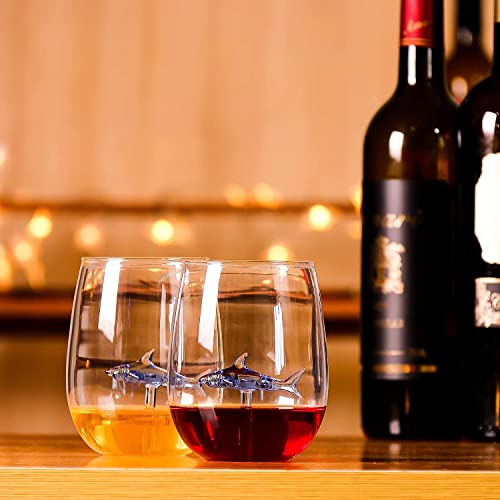Shark Wine Glass, Personalized Stemless Crystal Shark Wine Glasses with Shark Inside (Set of 2), Fancy Cool Red Wine Cups, Unique Shark Lover Gifts for Women Party Birthday Wedding (Blue) - color: Blue