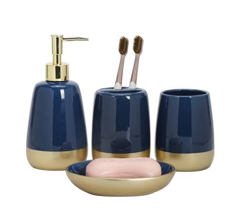 Navy Blue Gold Luxury Bathroom Accessories Set 4 Pieces,Vanity Countertop Ceramic Accessory Set for Bathroom Decor with Soap Dispenser,Toothbrush Holder, Tumbler,Soap Dish (Navy Blue)