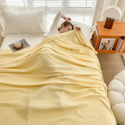 100% Cotton Waffle Weave Throw Blanket, Soft Lightweight Breathable Cozy Summer Throws for Bed and Couch/Sofa,Luxury Aesthetic Woven Blanket,Yellow,59 x 79 inch - color: Yellow, size: Single Size 59x79 inch
