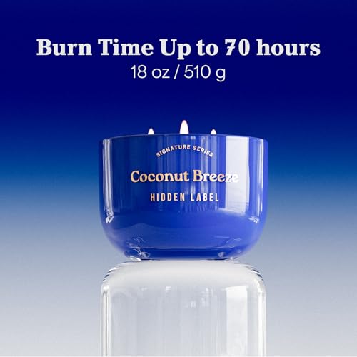 Hidden Label Coconut Breeze Candle, 18oz 3-Wick Soy Wax | 75+ Hour Burn | Tropical Shore Blend | Non Toxic Plant Wax | Triple Flame Even Melt | Housewarming Ready - color: Coconut Breeze